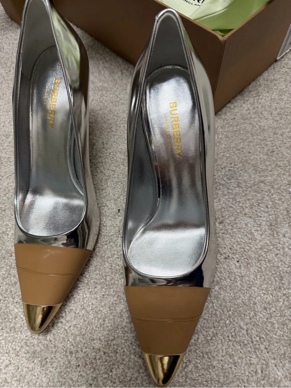 Burberry Silver Metallic Pointed Pumps with Tan Cap Toe